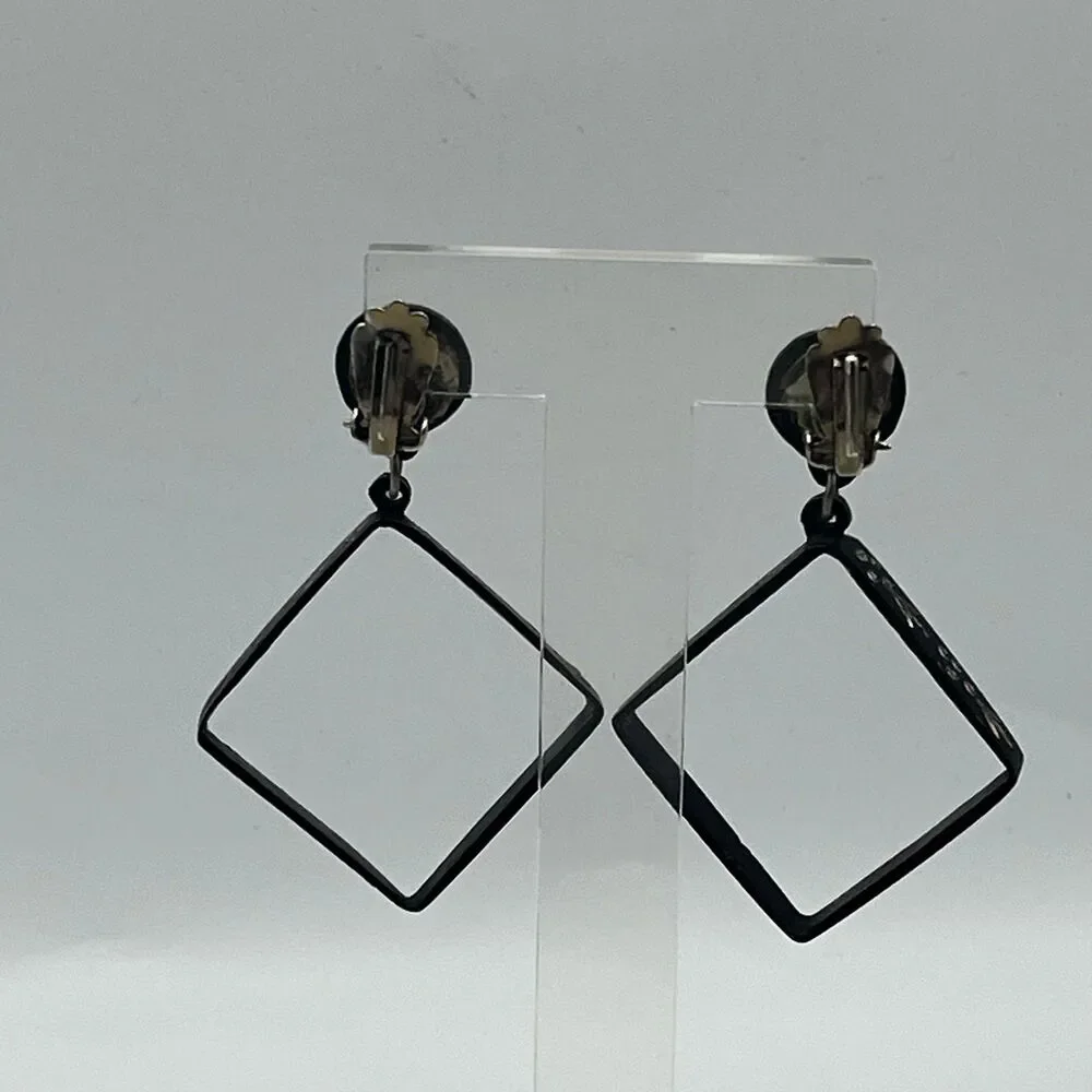 Vintage 1960s black and silver etched abstract clip on Earrings